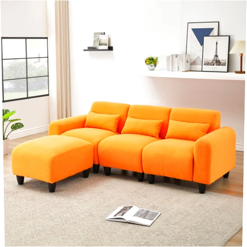 FREESNOOZE 84.6 inch Modern Teddy Sectional Sofa L-Shaped Couch with 3 Waist Pillows for Small Apartment, Bedroom, Spaces (Orange01)