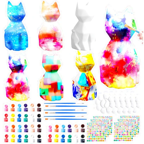 Kittmip 42 Pcs Paint Your Own Cat Lamp Art Kit 5 Inch DIY Geometric Cat Lamp Night Light for Kids Age 3-12 Cat Art Craft Painting Kits Cat Gifts for Birthday Christmas Party DIY Supplies