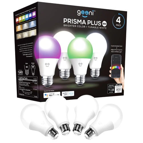 Geeni Prisma Plus 800 WiFi LED Smart Light Bulb (4-Pack), 2700-6500K Tunable Hue White to RGB, Dimmable, A19 60W, No Hub Required, Light Bulb Compatible with Alexa, Google Assistant