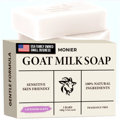 MONIER Goat Milk Soap Bar For Dry & Sensitive Skin - 100% Natural & Organic Skin Care - Enriched with Shea Butter - Use on Face, Body & Hands - For Men, Women, Kids & Baby (Lavender, 3 Pack)