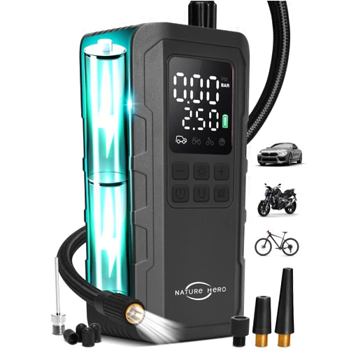NATURE HERO Tire Inflator Portable Air Compressor,150 PSI car tire air pump portable with Digital LCD Pressure Gauge,Electric Air Pump for Motorcycle Tires,Bicycle Tires and Balls,Black