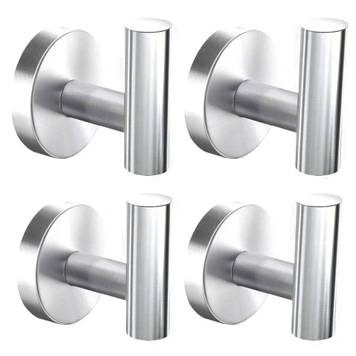 VAEHOLD Wall Towel Hooks, Heavy Duty Sticky Holder Waterproof Towel Hooks for Hanging Coat, Clothes, Closet Hook Wall Mount for Kitchen (Silver, Drilling 4 Pack)