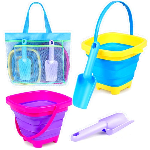 TSDATOWR Collapsible Beach Buckets for Kids, Foldable Sand Buckets and Shovels with Mesh Beach Bag, Silicone Beach Sand Pails for Beach Travel, Beach Toys Sand Toys for Kids & Toddlers (2 Buckets)