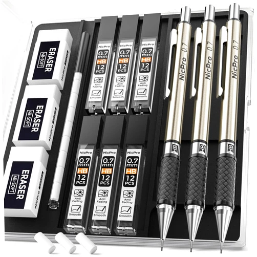 Nicpro 0.7 mm Art Mechanical Pencil Set in Storage Case, 3 PCS Metal Drafting Pencil Lead Pencil with 6 Tube HB Lead Refills, 3 Erasers, 9 PCS Eraser Refills for Artist Writing, Drawing, Sketching