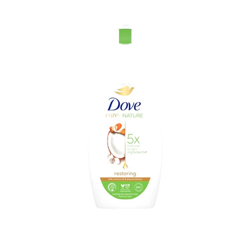 Dove Care by Nature Shower Gel, Coconut Oil & Almond Extract Body Wash, 5 Natural Ingredients, Gentle Cleansing, Protects Skin Microbiome 400 ml 13.5 oz