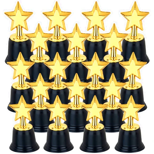Yeonha Toys 24 Pack Mini Star Trophy Awards Bulk (4.5 Inch), Plastic Gold Star Trophies For Halloween Party Favors, Goodie Bags, Kid Classroom School Reward, Sports Tournament Winning Prize, Hollywood Event Props