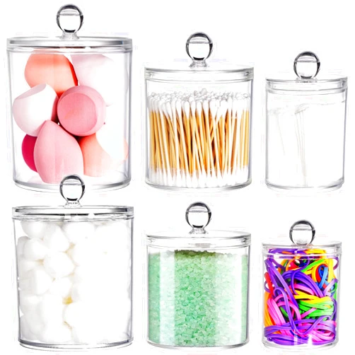 YOUEON 6 Pack Acrylic Apothecary Jars with Lids, 32/20/10 Oz Clear Cotton Ball Holder, Cotton Pad Holder, Qtip Holder Bathroom Canister Candy Jar for Bath Salt, Cotton Pads, Candies