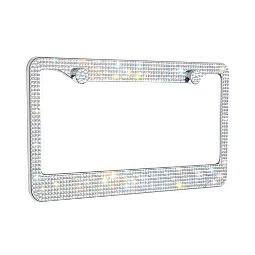 H C Hippo Creation Crystal Bling License Plate Frames for Women - 1 Pack Handcrafted Acrylic Bedazzled Cover, Clear Crystal Stainless Steel Girly Queen Sparkle License Plate Frame Cute Diamond Shiny Black Sparkly Cover