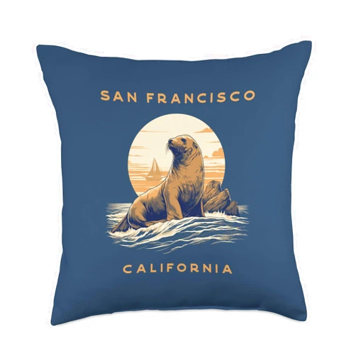 Presto California Bay Area San Francisco Oakland San Francisco Bay Area Vintage Coastal Sea Lion Throw Pillow