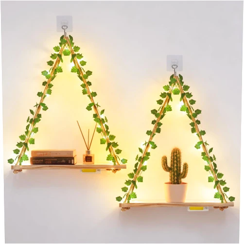 RICHER HOUSE Macrame Floating Shelves for Wall No Drilling, Boho Hanging Shelf with Artificial Ivy and LED Lights, Plant Wall Decor for Living Room Bedroom Dorm