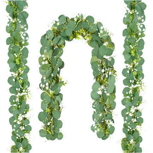 CQURE Eucalyptus Garland,6FT Greenery Garland with Flowers,Artificial Eucalyptus Leaves Green Garland Table Wreath Vines for Wedding Party Arch Table Bedroom Wall Room Decor（2Pcs）