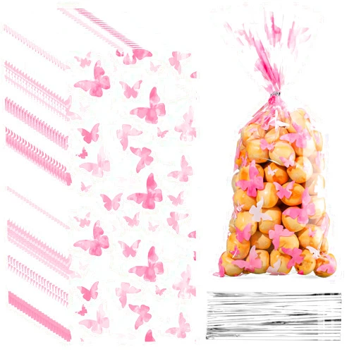 Zonon 100 Pieces Butterflies Cellophane Goody Bags Plastic Butterfly Candy Bag Butterfly Treat Bags with 100 Pieces Silver Twist Ties for Butterfly Theme Baby Shower Birthday Party Dessert Decors (Pink)