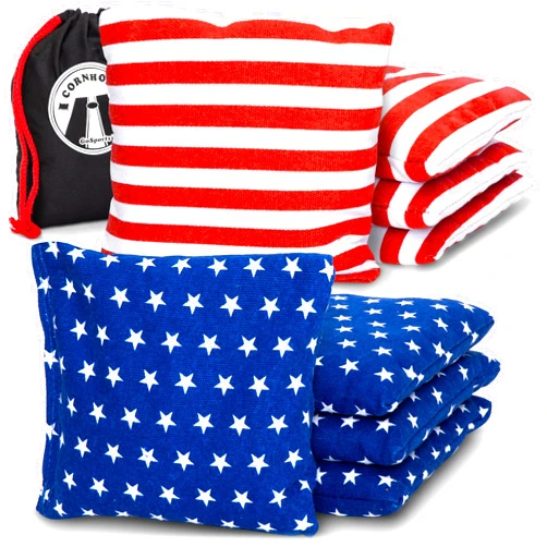 GoSports Official Regulation Cornhole Bean Bags Set of 8 – for Competitive Cornhole Games - All Weather - American Stars and Stripes or Red and Blue