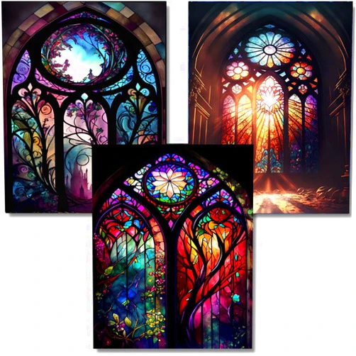 Akaliwish Diamond Art Kits for Adults,3 Pack Cathedral Glass Art Diamond Painting for Beginners, Diamond Round 5D Full Drill Paint with Diamonds Pictures Gem Art Painting Kits DIY Crafts Kits 12x16inch