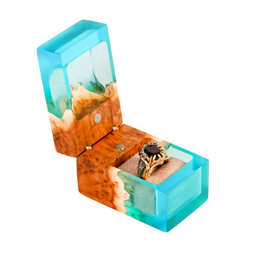 RWA resinwood.art ACCORD - Resin & Wood Engagement Box for luxury rings, Unique Resin ring holder for Proposal, Luxury Wooden Gift Ring Box Display (Aqua Blue Resin, single ring box)