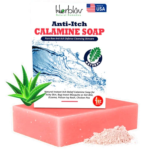 Herblov Natural Instant Itch Relief Soap Bar - Calming Calamine Soap for Itchy Skin, Bug Insect Mosquito or Ant Bite, Eczema, Poison Ivy Rash, Chicken Pox - Pure Raw Anti-Itch Defense Cleansing Skincare