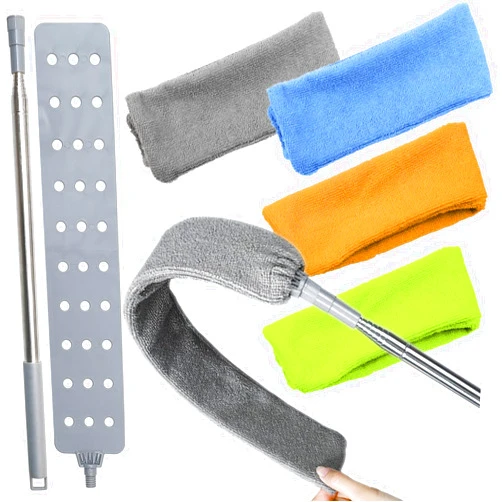 HSHTTKL Retractable Gap Dust Cleaner Brush with 4 pcs Replacement Duster Cloth, 100 inches Extendable Pole, Flexible Microfiber Duster for Cleaning Under Refrigerator, Sofa,Couch Bed, Furniture