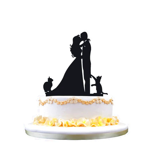 YAMI COCU Wedding Cake Toppers Cats Black Acrylic Cake Topper of Engagement and Wedding with Bride and Groom
