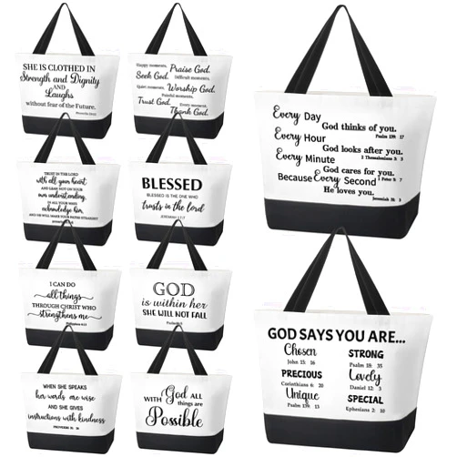 Talltalk 10 Pcs Christian Tote Bags Canvas Bible Tote Bulk Religious Large Gift Bags Inspirational Gifts for Women Mothers Day Church Teacher Birthday(White, Black)