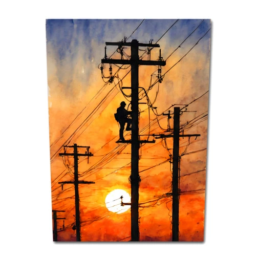Handmade Power and Precision: Original Watercolor Art Print - Lineman Electrician at Work - Inspiring Wall Decor Poster for Utility Heroes