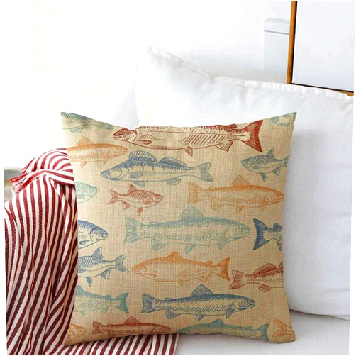 Staronov Throw Pillow Covers Drawing Blue Salmon Fish Red Pattern Graphic Fishing Trout Seafood Cushion Square Case Cotton Linen for Winter Home Decor 18