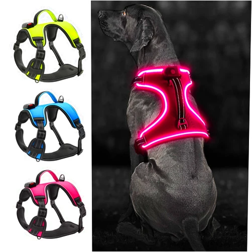 Bpawser Light Up Dog Harness, No-Pull LED Dog Vest Harness with Handle, Rechargeable, for X-Small/Small/Medium/Large/X-Large Dogs, Pink
