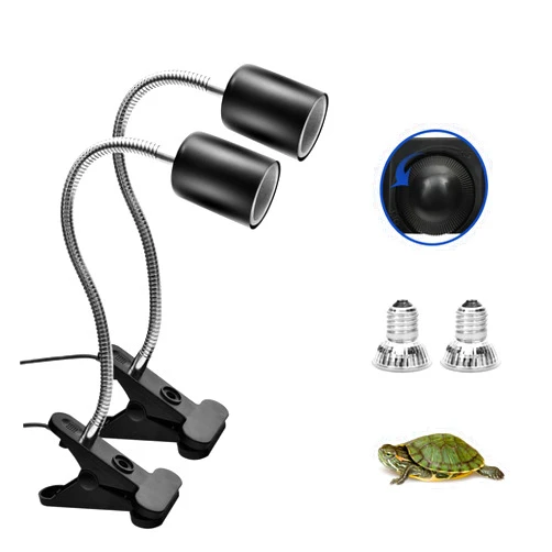 Techsea 2 Pack Reptile Heat Lamps with 360° Rotatable Clips, UVA + UVB Spectrum for Terrariums, 2 Light Bulbs Inside (Black-2 Pack)