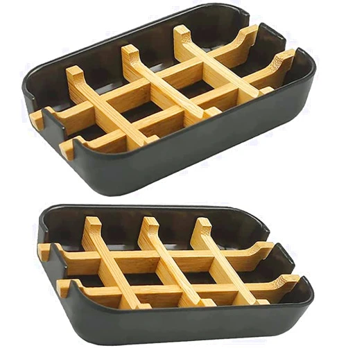 Runlyn 2Pcs of a Set Bamboo Wooden Soap Dishes for Bar Soap, Bathroom Soap Dish, Bathtub Shower Tray, Bamboo Soap Dishes Holder for Bathroom Shower, Bathroom Sink Soap Dish (Black)