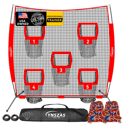 YNSZAS 𝑵𝑬𝑾 [5-in-1] Football Throwing Target Net, 7x7 FT, Portable Football Training Equipment Accessories, Upgraded Weather Resistance Quarterback Practice Toss Thrower Trainer Gear Launcher