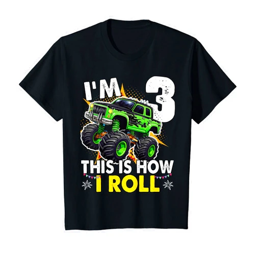 Family Matching Monster trucks lover boys birthday Kids I'm 3 This is how I roll Monster Truck 3rd Birthday Boys T-Shirt