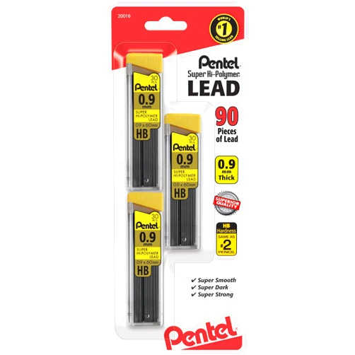 Pentel® Super Hi-Polymer® Leads, 0.9 mm, HB, 30 Leads Per Tube, Pack of 3 Tubes