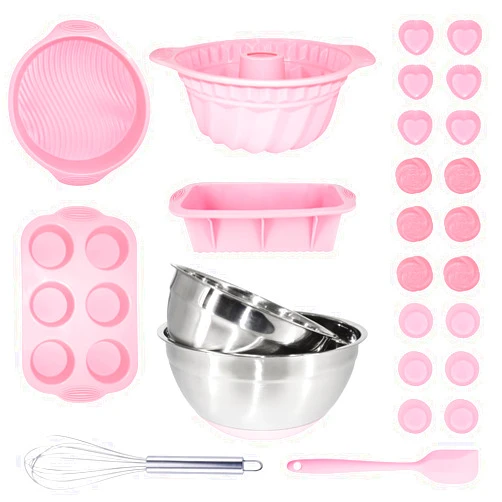 DESIGN VEICA 26 Piece Nonstick Baking Set, Silicone Baking Cake Pan Cookie Sheet Molds Tray Set for Oven, Cupcake Baking Cups Set, Stainless Steel Mixing Bowls