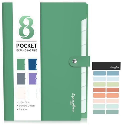 Sooez Elegant Accordion File Organizer with Labels, 8 Pocket Expanding File Folder, Portable Folders for Documents, Cute Paper Organizer for School Office Supplies, Letter Size, Dark Green