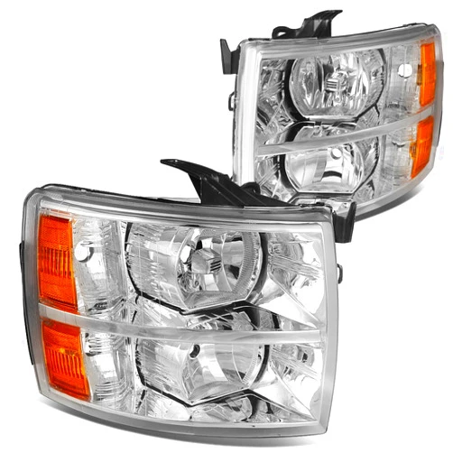 DNA MOTORING HL-OH-CSIL07-CH-AM Pair of Chrome Amber Headlights Compatible with 07-13 Silverado 1500/07-14 Silverado 2500 HD 3500