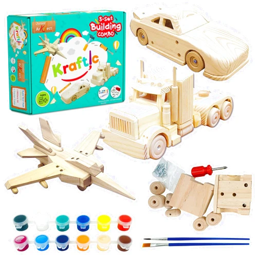 Kraftic Woodworking Building Kit for Kids and Adults, 3 Educational DIY Carpentry Construction Wood Model Kit Toy Projects for Boys and Girls - Build a Wooden Military Jet Race Car and Tractor Trailer