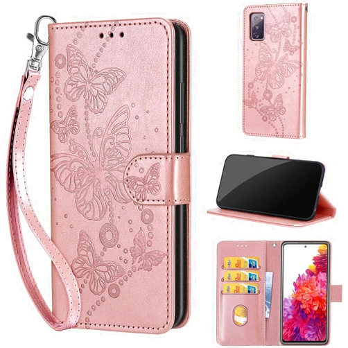 KENHONER Designed for Samsung Galaxy S20 FE Case Wallet,Women Flip Folio Cover with Embossed PU Leather Stand Credit Card Holders Slots Wrist Strap Phone Case for Samsung S20 FE 5G (Rose Gold Butterfly)