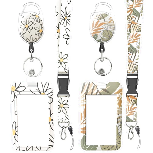 Uniclife 2 Pack Floral Sliding Badge Holder Flower Leaves Plastic Case with Retractable Badge Reel Carabiner Clip and Detachable Lanyard Strap Hard Vertical Card Protector for Women Nurse Teacher