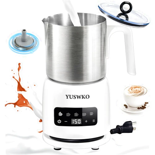YUSWKO Milk Frother,5-in-1 Electric Milk Steamer,21OZ/600ML Hot and Cold Foam Maker,Automatic Touch Control Milk Warmer Milk Foamer for Coffee,Hot Chocolate,Latte,Stainless Steel,White
