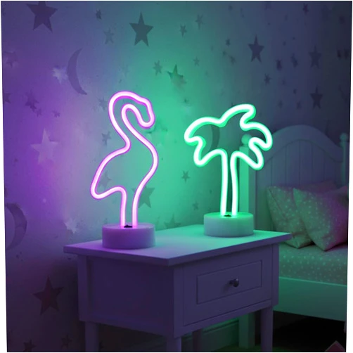 Aclpt 2 Pcs Neon lights,Pink Flamingo and Neon Palm Tree，Battery/USB Powered with Pedestal for Party, Dining Tables,Valentine Gifts，Bedroom