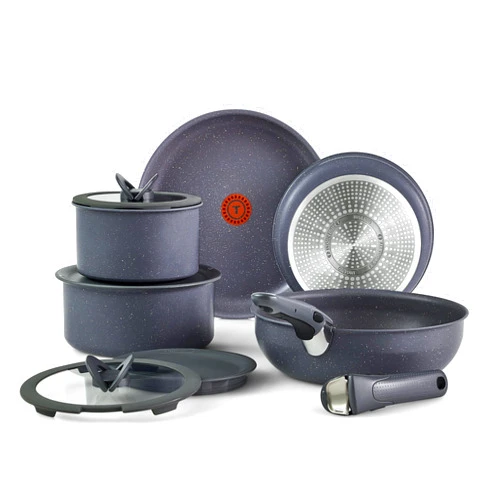 T-fal Ingenio Essentials Cookware Set with Detachable/Removable Handle 11 Piece, Granite Titanium Non Stick, Induction, Oven Broiler Safe 500F, Stackable, Pots and Pans Set, RV Camping, Fry Pans Gray