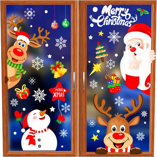 Enwokran Christmas Window Clings 256pcs, Christmas Decals Reusable Double Sided Printed Self Adhesive Window Decorations Santa Claus, Moose, Snowman,Socks,Xmas Tree and Snowflakes Window Stickers, 8 Sheet
