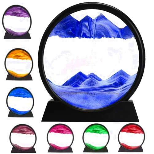 rysnwsu 3D Dynamic Sand Art Liquid Motion, Moving Sand Art Picture Round Glass 3D Deep Sea Sandscape in Motion Display Flowing Sand Frame Relaxing Desktop Home Office Work Decor (Blue, 7'')