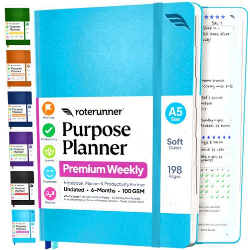 Roterunner Purpose Planner Notebook A5 5.8”x8.3” Undated 2026 Daily Weekly and Monthly Productivity Goal Setting Tool for Work Home ADHD Planner for Adults Self Care Journal (Teal Softcover)