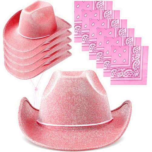 Coume 12 Pcs Adult Cowboy Hat for Women Men Western Glitter Cowgirl Hats with Adjustable Drawstring Cowboy Party Bandana