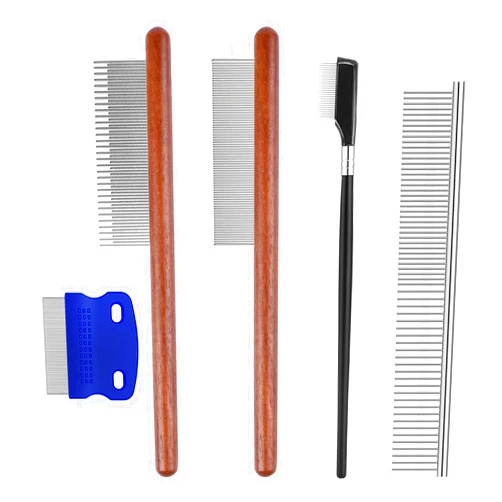 Jihugu 5 Pieces Pets Grooming Comb Kit Tear Stain Remover Comb Solid Wood Pet Comb,Stainless Steel Comb with Rounded Teeth,for Small Dogs Gently Removing Eye Mucus and Crust Removal Dandruff, Hair Stain (Blue)