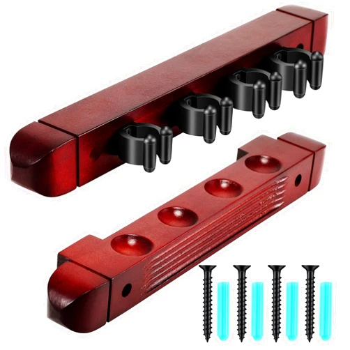 Hanaive 2 Piece 4 Pool Cues Wood Wall Rack with Clips Wall Mounted Hardwood Billiard Pool Cue Rack Mahogany Finish Hardwood Pool Cue Sticks Rack Billiard Stick Wall Rack with 4 Cue Clips for Billiard
