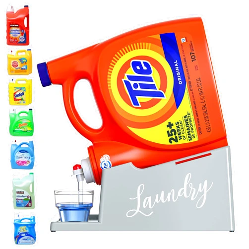 Skywin Laundry Detergent Holder Organizer and Drip Tray for Laundry Room Organization (Grey with Print) - Soap Cup Storage Tray for Laundry Detergent Containers - Laundry Detergent Dispenser Pedestal