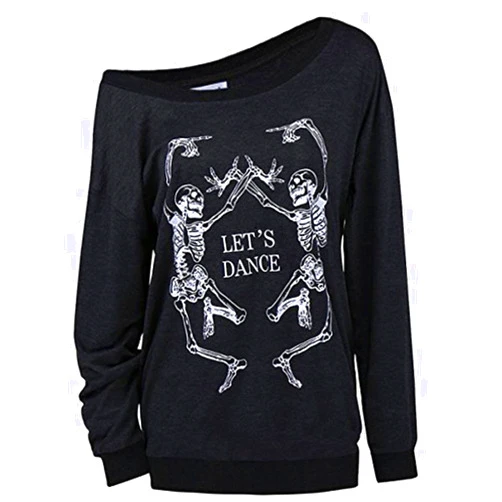 LuFeng Women's Christmas Halloween Off Shoulder Skeleton Printing Funny T-Shirt Long Sleeve Sweatshirts Pullover Tops