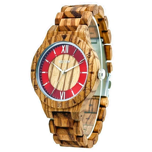 MII YEW Wooden Watch for Men Casual Quartz Analog Red Metal and Wood Dial Case Diameter 44mm