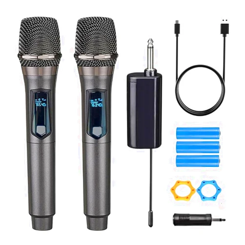 HUACAM Wireless Microphone,Rechargeable Wireless Dual UHF Microphone,Dual Handheld Dynamic Wireless Mic for Karaoke Singing, Wedding, DJ, Party, Speech, Church, Class Use,PA System,200ft,Gray